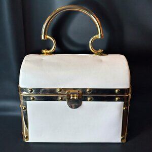 Vintage 60s Harry Rosenfeld‎ White Leather Box Treasure Chest Purse Gold Handbag